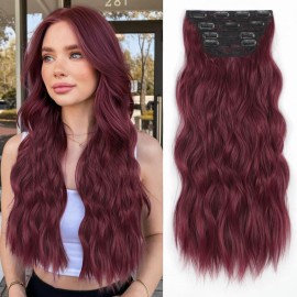 ALXNAN Clip in Long Wavy Synthetic Hair Extension 24 Inch Burgundy 4PCS Thick Hairpieces Fiber Double Weft Hair for Women