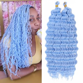 Eerya Long Curly Braiding Hair 18 Inch 2 Packs Sky Blue Deep Ocean Wave Crochet Hair for Black Women Deep Wave Braiding Hair for Boho Braids (18 inch, sky blue)