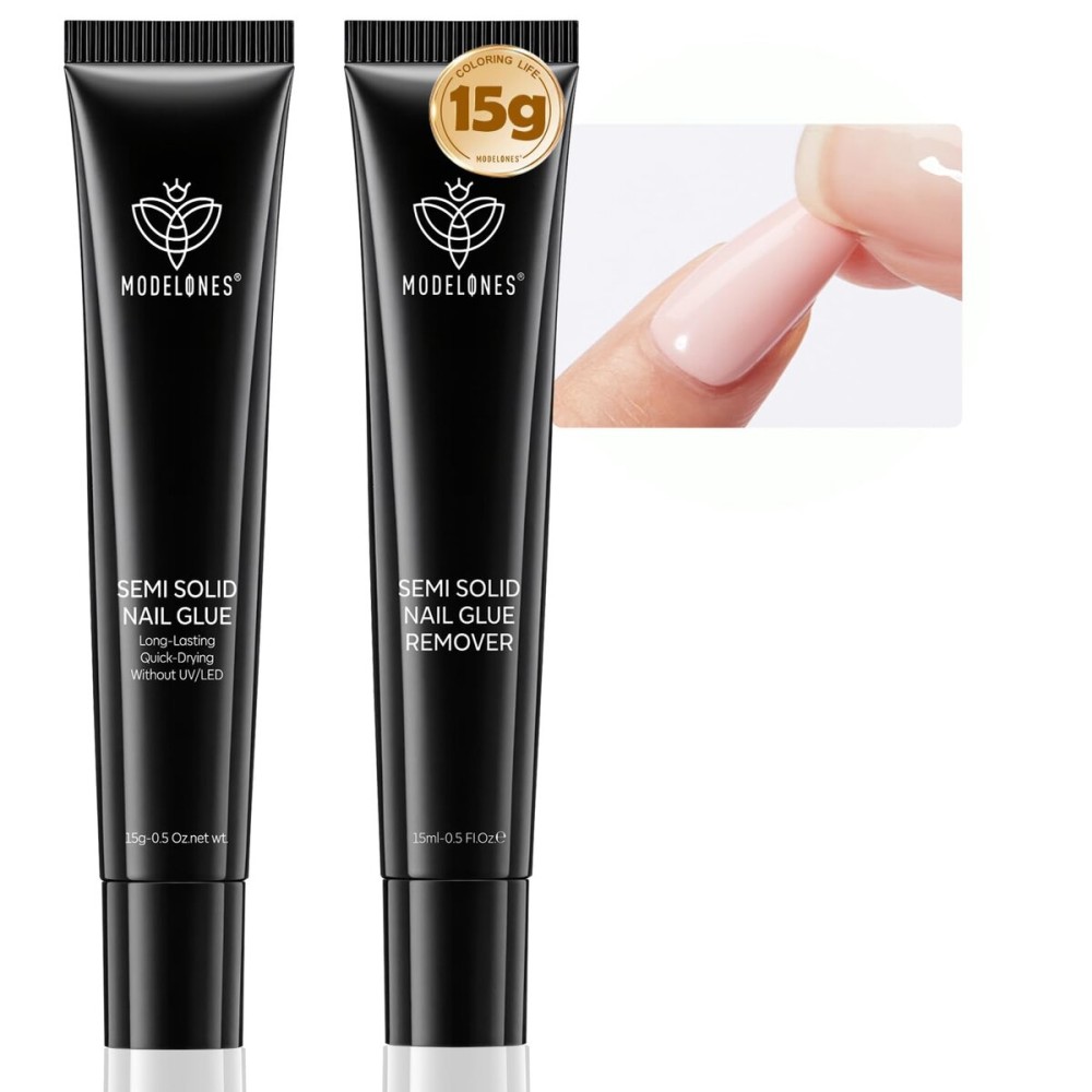 modelones 15g Nail Glue for Press Ons with Remover Set Quick Drying No UV Light Needed Strong Semi Solid Glue Gel for Nail Tips