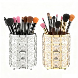 LUGUNU Makeup Brush Holder with Golden Silver Crystal Bling - Elegant Vanity Organizer for Brushes, Pens & Pencils, Ideal for Bathroom or Office Countertop(2Pack)
