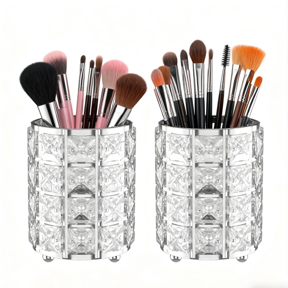 LUGUNU Makeup Brush Holder with Silver Crystal Bling - Elegant Vanity Organizer for Brushes, Pens & Pencils, Ideal for Bathroom or Office Countertop(2Pack)
