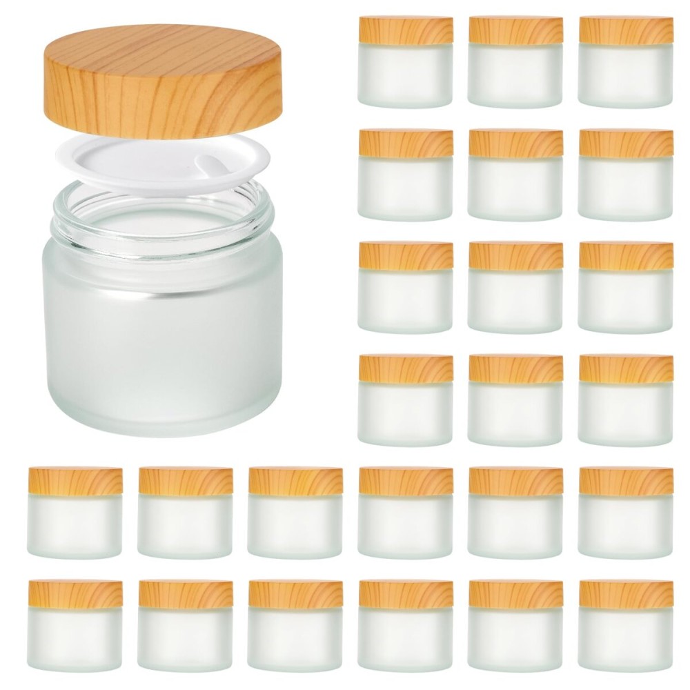 2oz Jars with Lids, Hoa Kinh 24 Pack Frosted Glass Jars with Woodgrain Lids Empty Cosmetic Containers Round Airtight Glass Jar with Inner Liners and Lid for Storing Lotions, Powders, and Ointments
