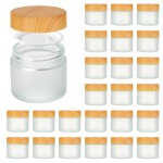 2oz Jars with Lids, Hoa Kinh 24 Pack Frosted Glass Jars with Woodgrain Lids Empty Cosmetic Containers Round Airtight Glass Jar with Inner Liners and Lid for Storing Lotions, Powders, and Ointments