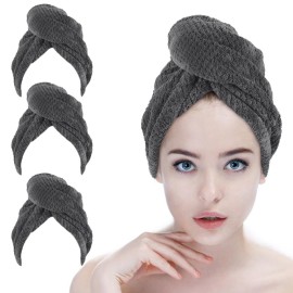 SINLAND Microfiber Hair Drying Cap Hair Towel Turban Twist for Women Fast Drying Towels Head Turban Absorbent Soft Lightweight 3 Pack Grey
