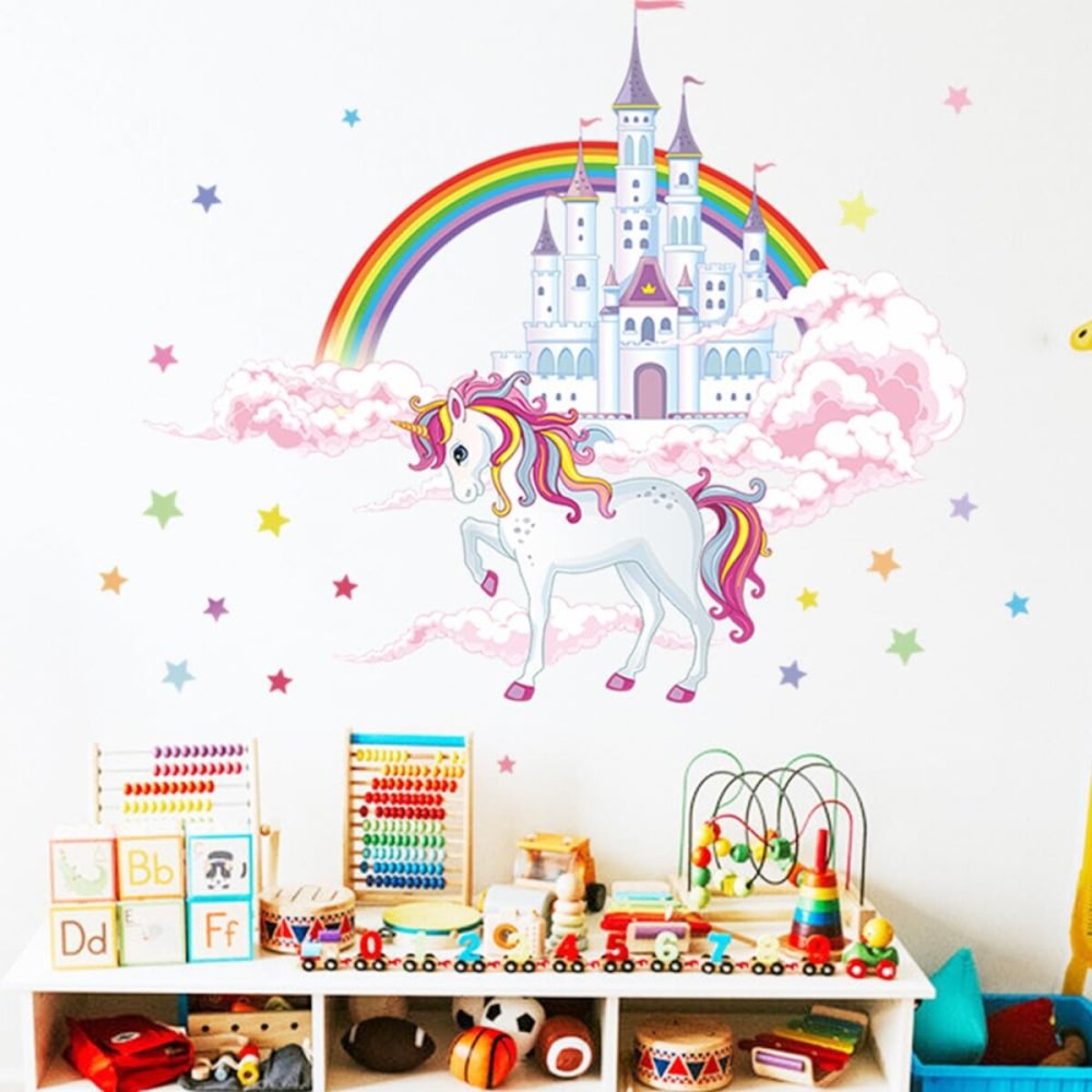 Esmee Wall StickersWatercolor Cartoon Clouds Castle White Horse Kindergarten Scene Layout Wall Decals Suitable for Children\'s Bedrooms, Bathrooms, Living Rooms(Peel and Stick Wall Decals)