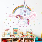 Esmee Wall StickersWatercolor Cartoon Clouds Castle White Horse Kindergarten Scene Layout Wall Decals Suitable for Children\'s Bedrooms, Bathrooms, Living Rooms(Peel and Stick Wall Decals)