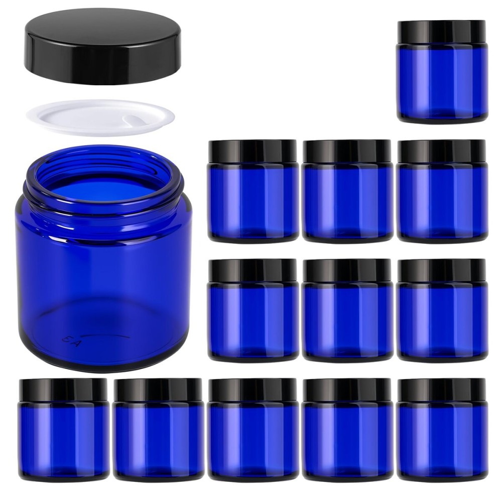 4oz Jars with Lids, Hoa Kinh 12 Pack Blue Glass Jars with Lids Empty Cosmetic Containers Round Airtight Glass Jar with Inner Liners and black Lid for Storing Lotions, Powders, and Ointments