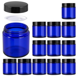 4oz Jars with Lids, Hoa Kinh 12 Pack Blue Glass Jars with Lids Empty Cosmetic Containers Round Airtight Glass Jar with Inner Liners and black Lid for Storing Lotions, Powders, and Ointments