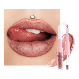 evpct Bronze Gold Metallic Glitter Lip Liner and Lipstick Combo Lip Gloss Stain Set Makeup for Women Long Lasting Waterproof 24, Rose Gold Metallic Shimmer Frosted Iridescent Glossy Liquid Lipstick 14