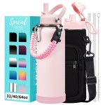 Pink 40 oz Insulated Water Bottle - with Straw Spout Lids, Triple Wall Stainless Steel Water Bottles Cold 48H Hot 24H, Wide Mouth Hydro Bottle Metal Flask with Handle, Strap Carrier Bag for Women