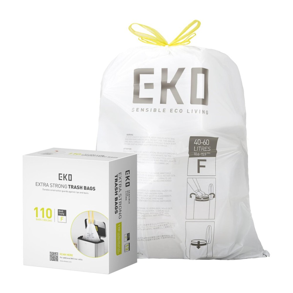 EKO 13 Gallon / 40-60 Liter,110 Count Drawstring Trash Bags, Extra-Strong Unscented Garbage Bags, Easy-Dispense Roll for Kitchen & Household Use, Resists Tears, Leaks and Punctures, Code F, White