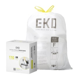 EKO 13 Gallon / 40-60 Liter,110 Count Drawstring Trash Bags, Extra-Strong Unscented Garbage Bags, Easy-Dispense Roll for Kitchen & Household Use, Resists Tears, Leaks and Punctures, Code F, White