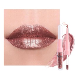 evpct Dark Bronze Metallic Shimmer Lip Liner and Lipstick Combo Lip Gloss Stains Set Makeup for Women Long Lasting Waterproof 24, Iced Mocha Frosted Metallic Glitter Glossy iridescent Liquid Lipstick