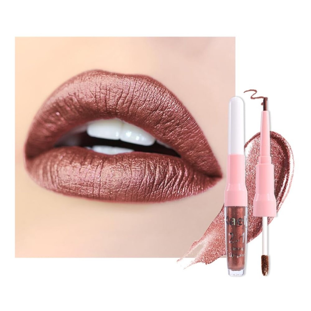 evpct Brown Bronze Metallic Glitter Lip Liner and Lipstick Combo Lip Gloss Stain Set Makeup for Women Long Lasting Waterproof 24, Hot Chocolate Metallic Shimmer Frosted Iridescent Liquid Lipstick 08