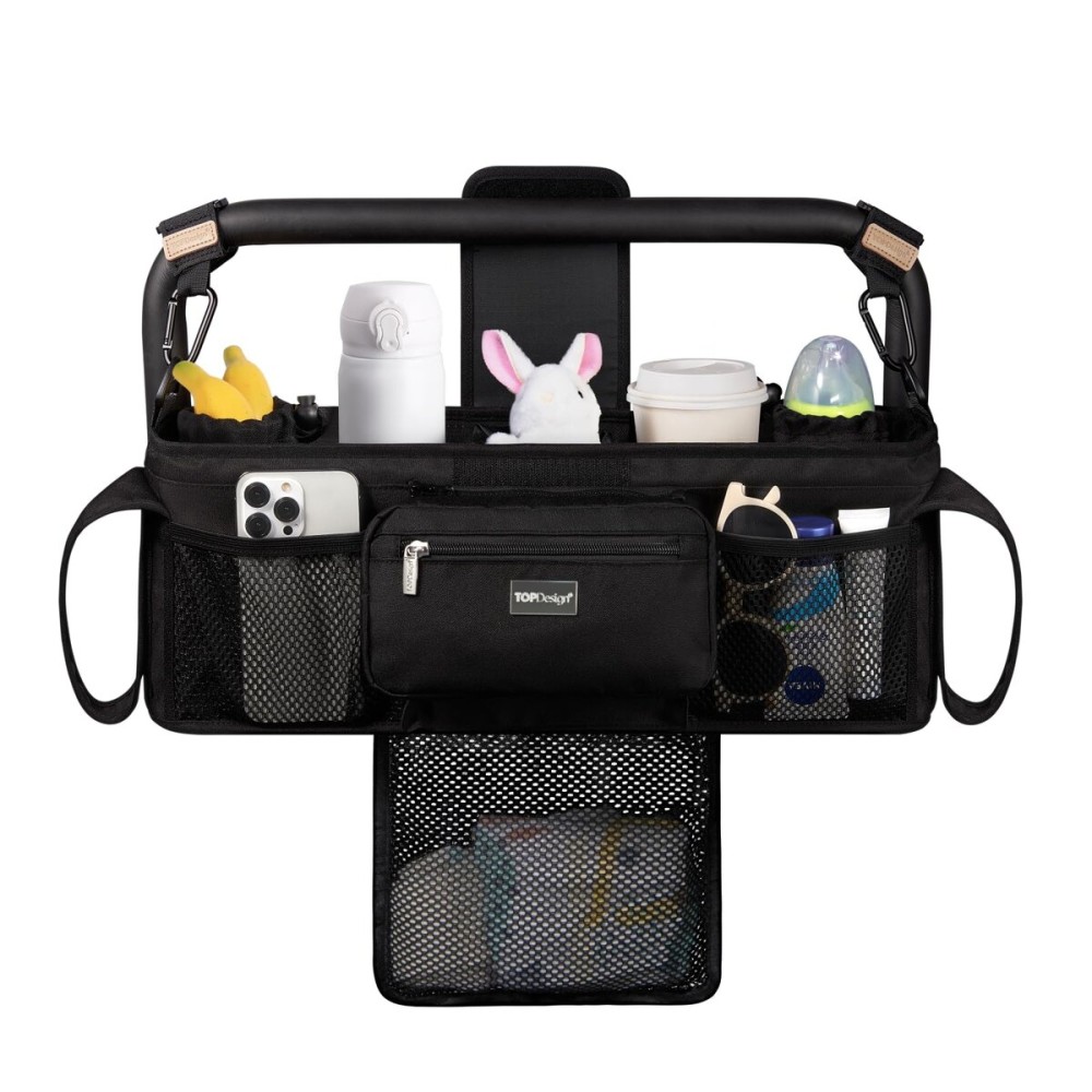 TOPDesign Universal Baby Stroller Organizer, Double Stroller Caddy with Detachable Mesh Bag & Heightened Insulated Cup Holders & Non-Slip Secure Hooks Accessories, Fits Most Strollers (Black)