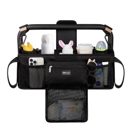 TOPDesign Universal Baby Stroller Organizer, Double Stroller Caddy with Detachable Mesh Bag & Heightened Insulated Cup Holders & Non-Slip Secure Hooks Accessories, Fits Most Strollers (Black)