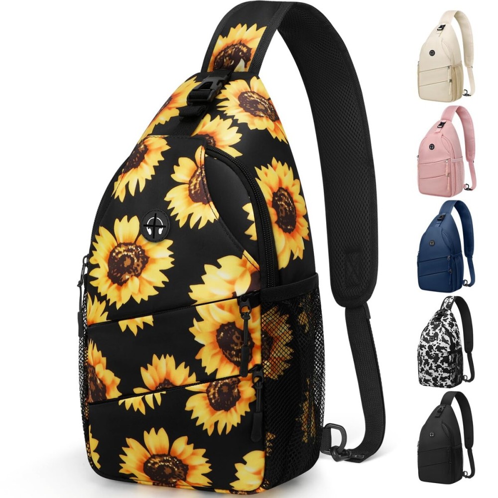 Pritent Crossbody Bags for Women Men, Trendy Sling Bag Backpack Casual Chest Bag with Convertible Shoulder Strap Travel Cross Body Bags for Hiking Traveling Outdoors(Large, Sunflower)
