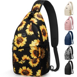 Pritent Crossbody Bags for Women Men, Trendy Sling Bag Backpack Casual Chest Bag with Convertible Shoulder Strap Travel Cross Body Bags for Hiking Traveling Outdoors(Large, Sunflower)