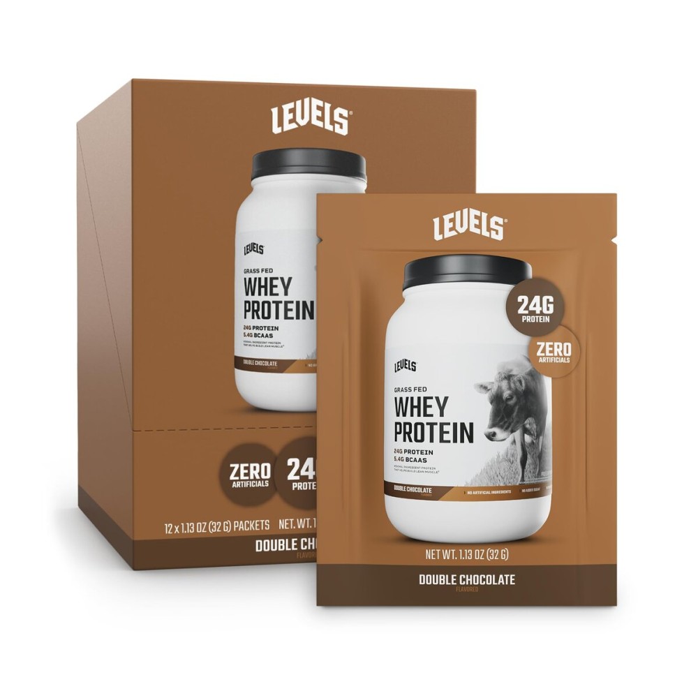 Levels Grass Fed Whey Protein Powder, No Artificials, 24G of Protein, Double Chocolate, 12 Count