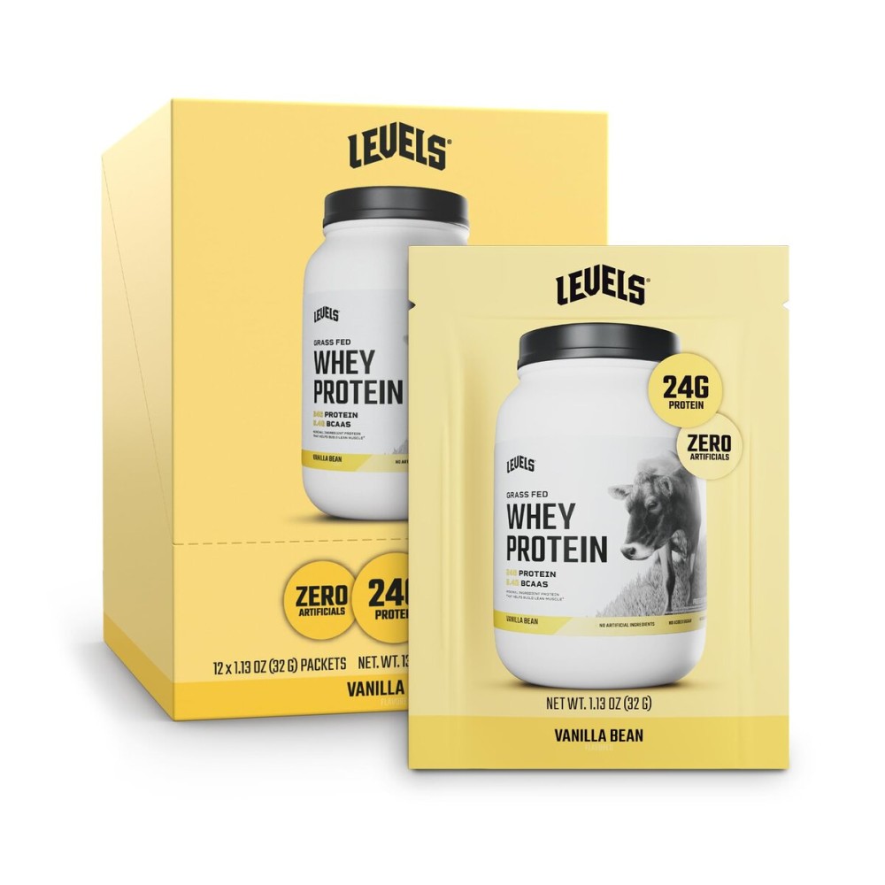 Levels Grass Fed Whey Protein Powder, No Artificials, 24G of Protein, Vanilla Bean, 12 Count