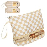 Ethereal Small Makeup Bag, khaki Checkered 2 Layers Travel Cosmetic Bag with Makeup Brush Holder, Portable Makeup Pouch for Women/Girls
