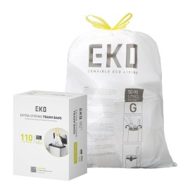 EKO 21 Gallon / 50-90 Liter,110 CountDrawstring Trash Bags, Extra-Strong Unscented Garbage Bags, Easy-Dispense Roll for Kitchen & Household Use, Resists Tears, Leaks and Punctures, Code G, White