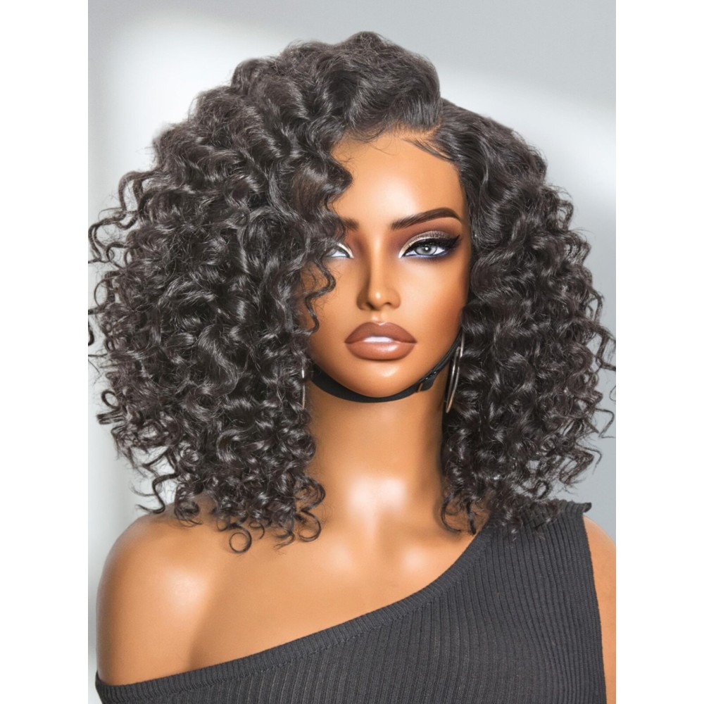 LUVME HAIR 100% Human Hair Wigs Curly Deep Wave Glueless Lace Front 12 Inches, Pre Cut Plucked Hd Lace Short Wig Ready To Go Natural Color Straight Bleached Knots Side Part Black Wigs
