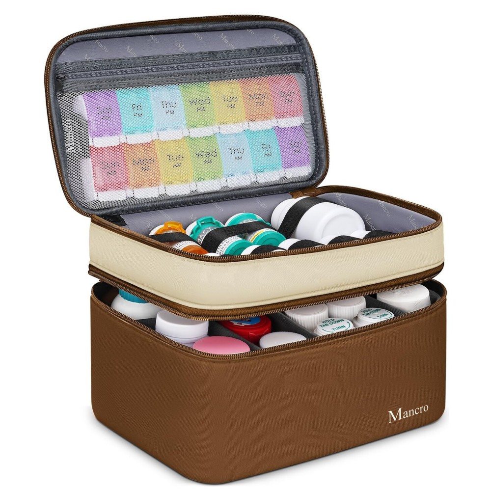 Mancro Dual Layers Medication Travel Case, Pill Bottle Travel Organizer Storage with Lockable Zipper, Medicine Organizer Bag for Pills, Vitamins, Medical Supplies for Home Storage