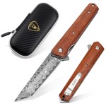 AUBEY Damascus Pocket Knife for Men, Sharp Tanto Blade with VG10 Core Folding Knives with Wooden Handle and Glass Breaker for EDC Camping Gift Collection