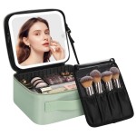 Chomeiu Makeup Bag with LED Mirror, Travel Makeup Case for Women and Makeup Artists Cosmetic Organizer Large Make Up Bags with Light Up Mirror, 3 Color Lights, Adjustable Dividers, Quilted Green