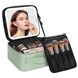 Chomeiu Makeup Bag with LED Mirror, Travel Makeup Case for Women and Makeup Artists Cosmetic Organizer Large Make Up Bags with Light Up Mirror, 3 Color Lights, Adjustable Dividers, Quilted Green