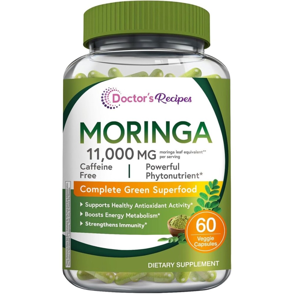 Doctor\'s Recipes Moringa 11,000 mg Strength, Complete Green Superfood, Natural Antioxidant Support, Non-GMO, 60 Vegan Caps, No Caffeine Soy Gluten