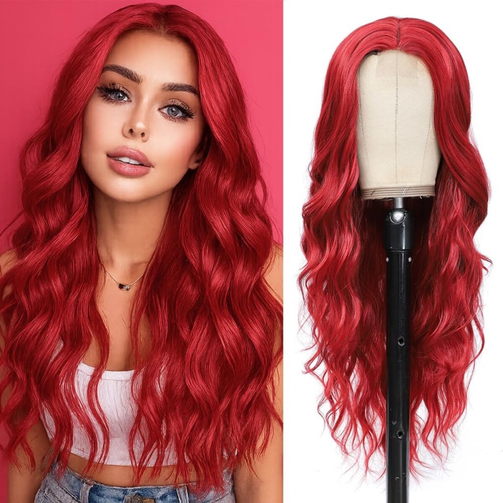 HMHIFI Long Red Wigs for Women Natural Curly Wavy Synthetic Hair Middle Prat Wigs Heat Resistant Hair Replacement Wigs for Daily Party Use Halloween Costume Wig