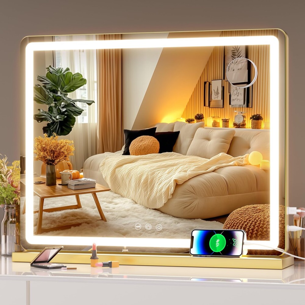 Hasipu Vanity Mirror with Lights, 22.8 x 18 LED Makeup Mirror, Lighted Makeup Mirror with Dimmable 3 Modes, Touch Screen Control Vanity Mirror Round Gold