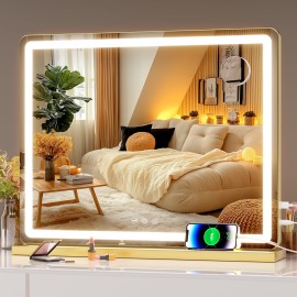 Hasipu Vanity Mirror with Lights, 22.8 x 18 LED Makeup Mirror, Lighted Makeup Mirror with Dimmable 3 Modes, Touch Screen Control Vanity Mirror Round Gold