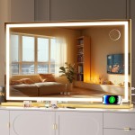 Hasipu Vanity Mirror with Lights, 32 x 20 LED Makeup Mirror, Lighted Makeup Mirror with Dimmable 3 Modes, Touch Screen Control Vanity Mirror Square Gold