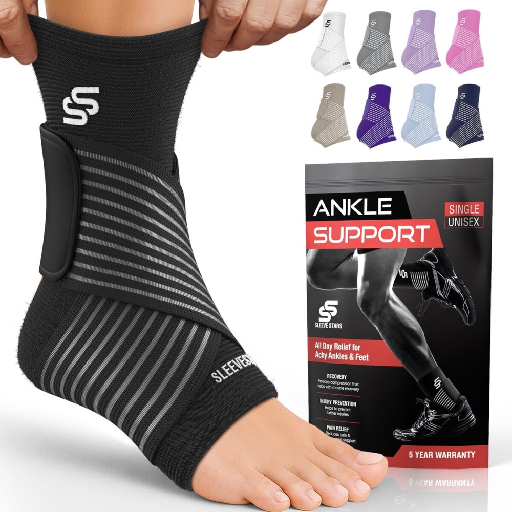 Sleeve Stars Ankle Brace for Women & Men, Ankle Wrap for Sprained Ankle, Compression Sleeve for Plantar Fasciitis Relief, Easy Customizable Support: w/Removable Strap (Single/S:9-10/Black)