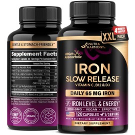 Iron Supplement for Women - Iron 65mg (Ferrous Sulfate 325mg) - Stomach Friendly | Slow Release Iron | High Absorption - Vitamins C, D3, B6, B12 & Folate - Iron Level & Energy Support - 120 Capsules