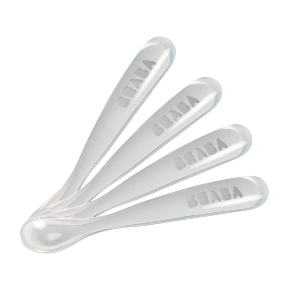 BEABA Baby\'s First Foods Spoon Set, Original Silicone Baby Spoons, 4 Pack, BPA Lead & Phthalate Free, Gray