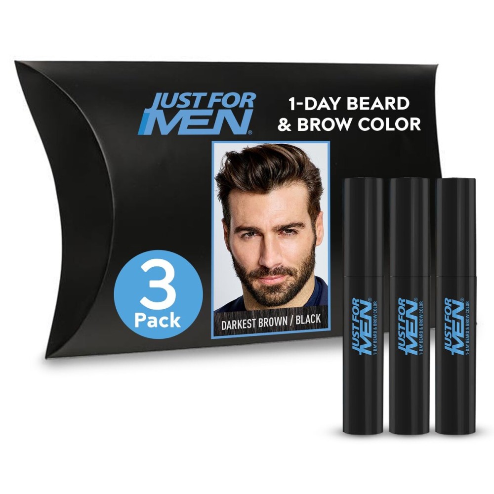 Just for Men 1-Day Beard & Brow Color, Temporary Color for Beard and Eyebrows, For a Fuller, Well-Defined Look, Up to 30 Applications, Darkest Brown/Black, Ships in Eco-Friendly Packaging (Pack of 3)