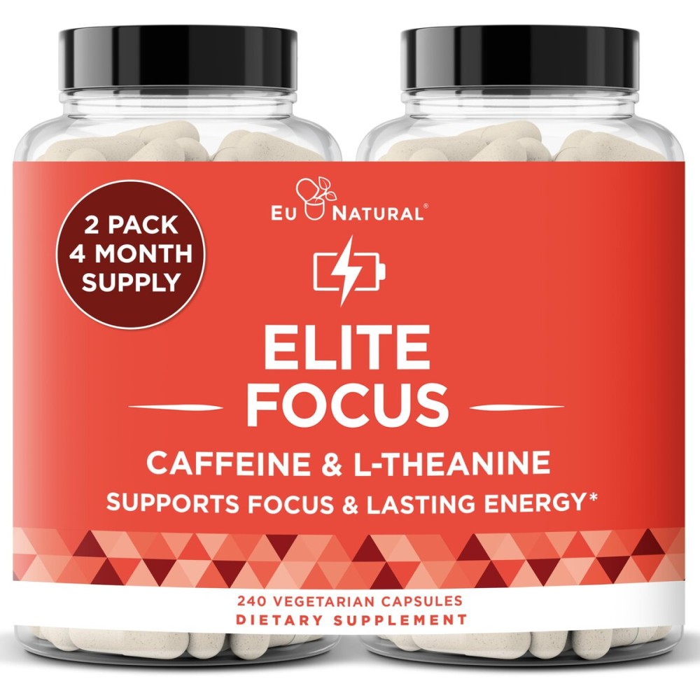 Elite Caffeine Pills with L-Theanine - Jitter-Free Focused Energy Supplements - Clean & Natural Nootropic Stack for Smart Cognitive Performance - 240 Soft Capsules