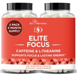 Elite Caffeine Pills with L-Theanine - Jitter-Free Focused Energy Supplements - Clean & Natural Nootropic Stack for Smart Cognitive Performance - 240 Soft Capsules