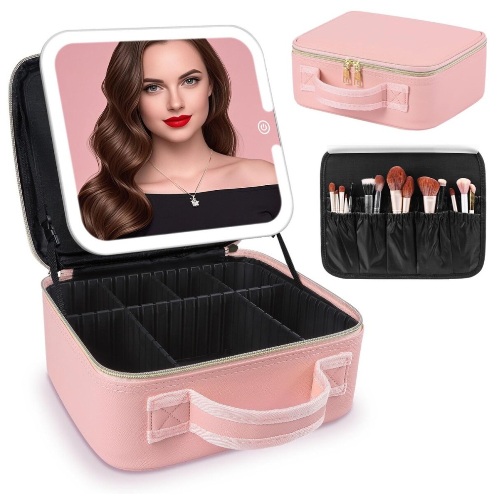 Travel Makeup Bag with Removable Mirror and Light, LED Lighted Make up Train Case, Cosmetic Organizer with PU Leather, 3 Colors Dimming Light, Adjustable Dividers & Brush Storage Board, Gift for Women