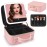 Travel Makeup Bag with Removable Mirror and Light, LED Lighted Make up Train Case, Cosmetic Organizer with PU Leather, 3 Colors Dimming Light, Adjustable Dividers & Brush Storage Board, Gift for Women