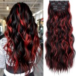 KooKaStyle Hair Extensions Black Mix Red Highlights 1B/113 Clip in Synthetic Highlight Long Wavy 4PCS Thick Hairpieces for Daily Use 24 Inch for Women