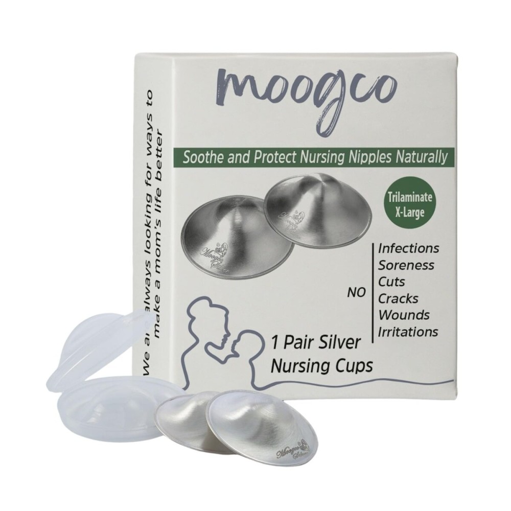 MOOGCO The Original Silver Nursing Cups - 999k Silver Nipple Cups - Nipple Shields for Breastfeeding Newborn - Protective Silver Nipple Covers for Nursing Moms (TriLaminate X-Large)