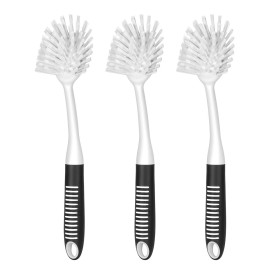SetSail Dish Brush with Handle, 3 Pack Stiff Bristles Dish Scrubber with Built-in Scraper Dish Scrub Brushes for Cleaning Dishes, Pots and Pans, Kitchen Sink, 3 Pack, Black White