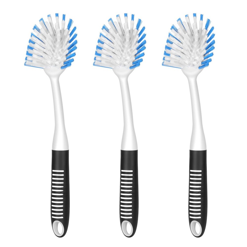 SetSail Dish Brush with Handle, 3 Pack Stiff Bristles Dish Scrubber with Built-in Scraper Dish Scrub Brushes for Cleaning Dishes, Pots and Pans, Kitchen Sink, 3 Pack, Black Blue