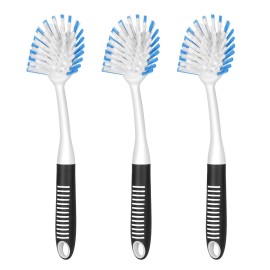 SetSail Dish Brush with Handle, 3 Pack Stiff Bristles Dish Scrubber with Built-in Scraper Dish Scrub Brushes for Cleaning Dishes, Pots and Pans, Kitchen Sink, 3 Pack, Black Blue
