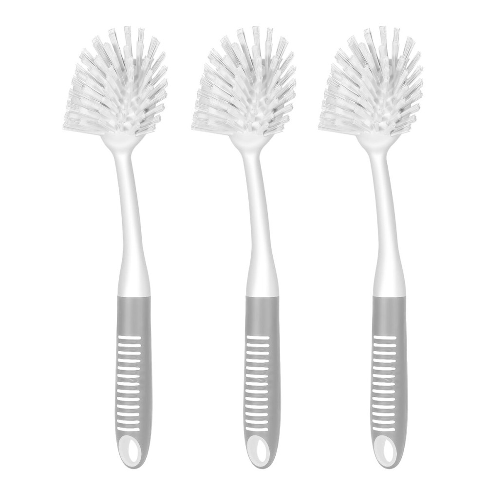 SetSail Dish Brush with Handle, 3 Pack Stiff Bristles Dish Scrubber with Built-in Scraper Dish Scrub Brushes for Cleaning Dishes, Pots and Pans, Kitchen Sink, 3 Pack, Grey White